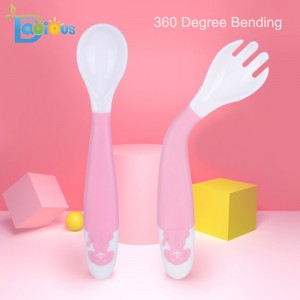 Új érkezés Baby Learning Spoon és Fork BPA szabad műanyag kisgyermekes edények Bendable Soft Perfect Self Feeding Baby Spoons